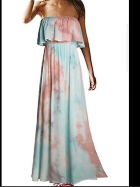 Yidarton Strapless Ruffle Tie-Dye Maxi Dress - Pink Blue Tan White M